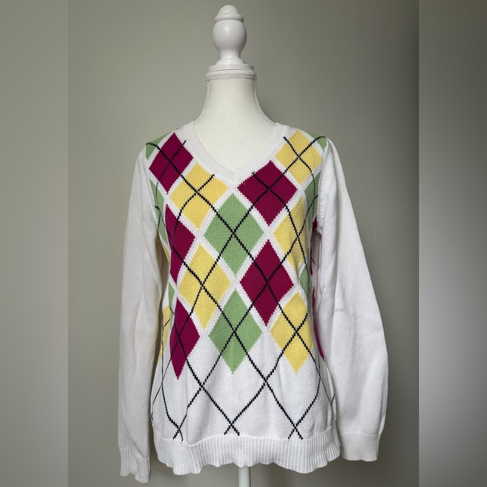 LIZ CLAIBORNE 100% Cotton Y2K Argyle Knit Preppy Vneck‎ Sweater Size M